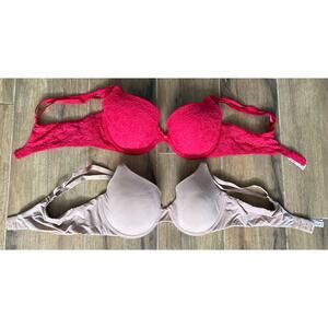 Victoria's Secret Bra 2 Pack T shirt Demi 36B Beige and Red Lace